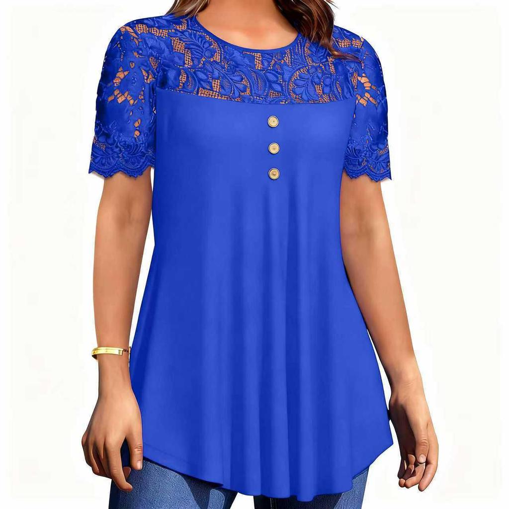 Tunique Élégante Patchwork de Dentelle Couleur Unie Manches Courtes pour Femme Printemps/Été 2026