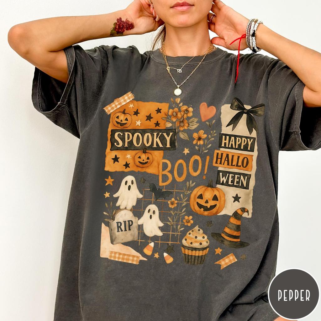 Halloween Collage Shirt, Retro Halloween Tshirt, Vintage Oversized Halloween Aesthetic Tee, Women's Halloween Graphic Tee