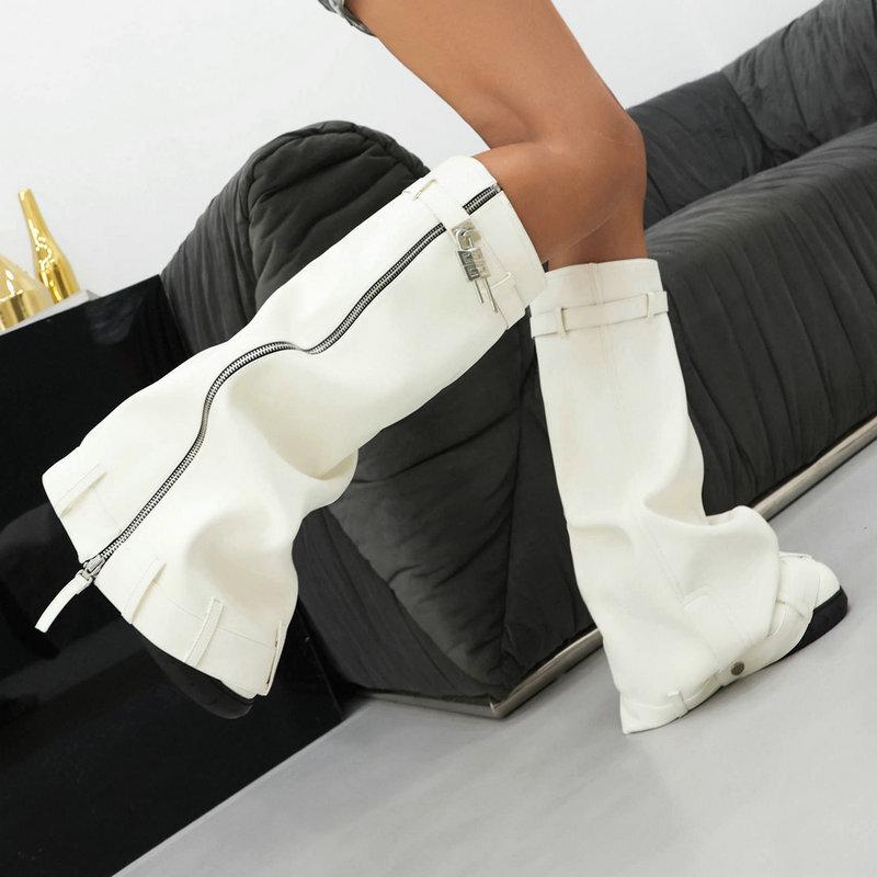 New Women's Tall Boots Patent Leather Thick-soled Round Head Large Size Boots Belt Buckle Wedge Trousers