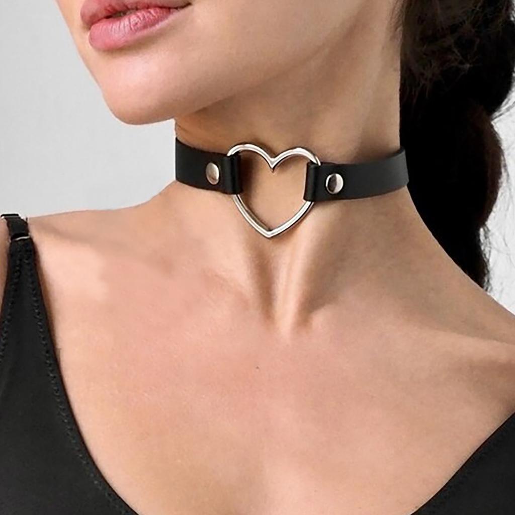 Collier Cœur en Cuir PU Noir Mode Filles Collier Sexy Halloween Cosplay Bijoux Accessoires Goth Punk Harajuku Collier