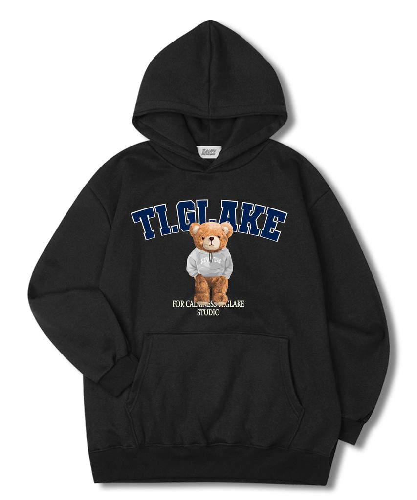 New York Hood Bear Oversized Fleece-Lined Hoodie Black