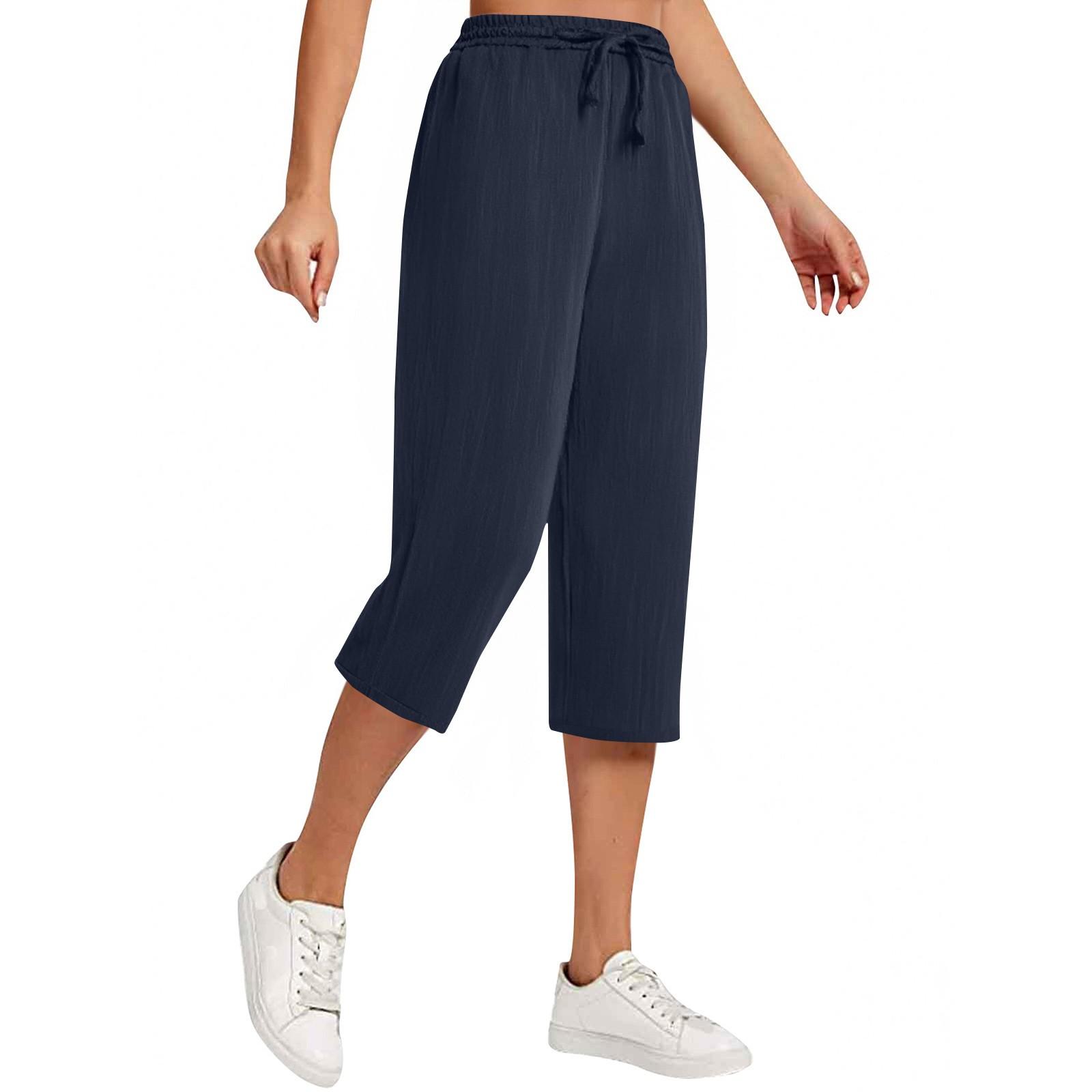 

Женские модные однотонные хлопковые конопляные свободные повседневные брюки с широкими штанинами и карманами на шнурке L тёмно-синий