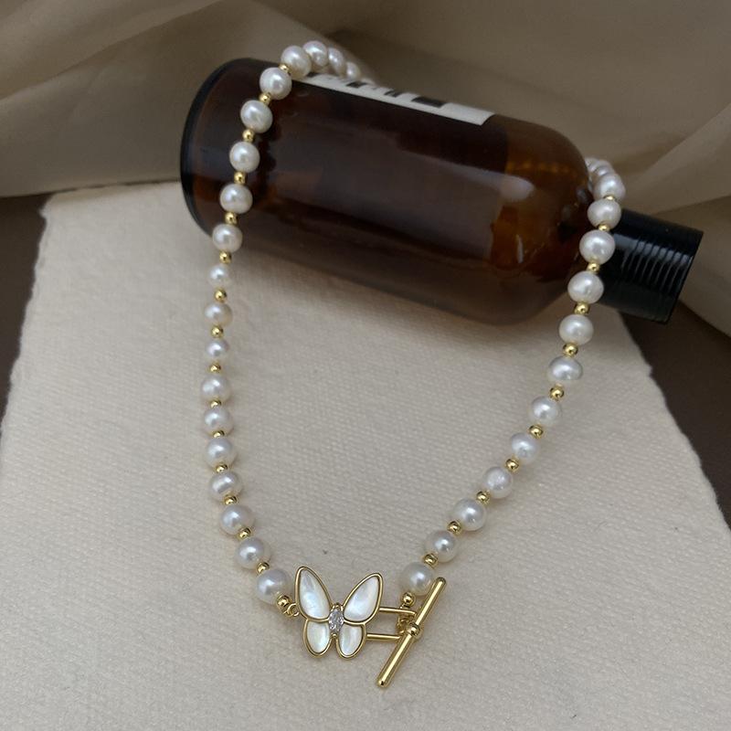 High Quality Natural Freshwater Pearl Trendy Butterfly Style 14K Gold Filled Lady Short Choker Chain Necklace Cheap Gift