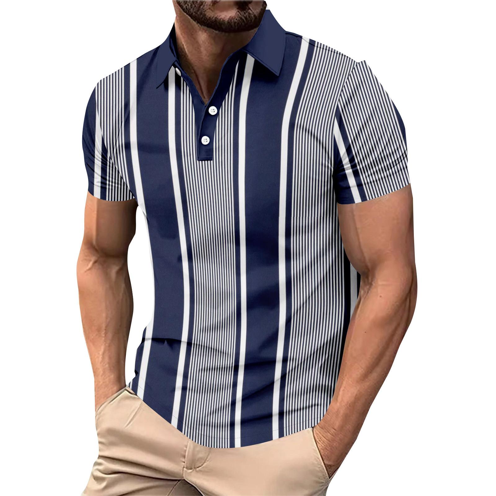 

Літній чоловічий повсякденний топ з коротким рукавом, лацканом на ґудзиках та смугастим принтом S