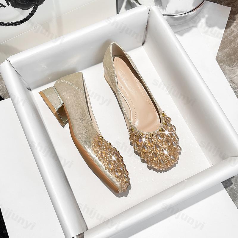 Fashion French Rhinestone Square Toed Single Shoes for Women Spring 2025 New Shallow Mouth Shiny Slip on Comfortable Lightweight Pumps