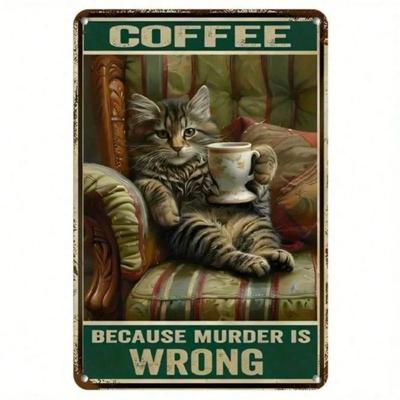 Funny Cat Coffee Metal Wall Poster Kitchen Decor