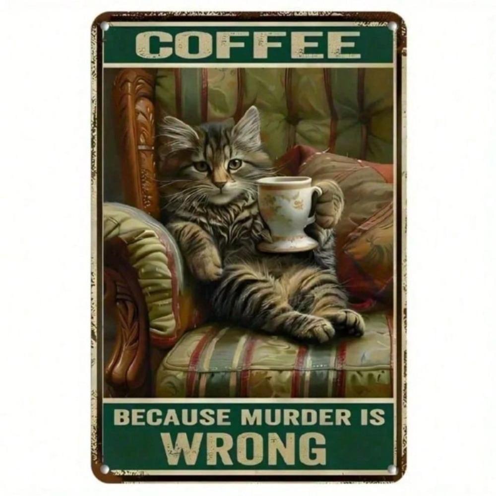 Funny Cat Coffee Metal Wall Poster Kitchen Decor