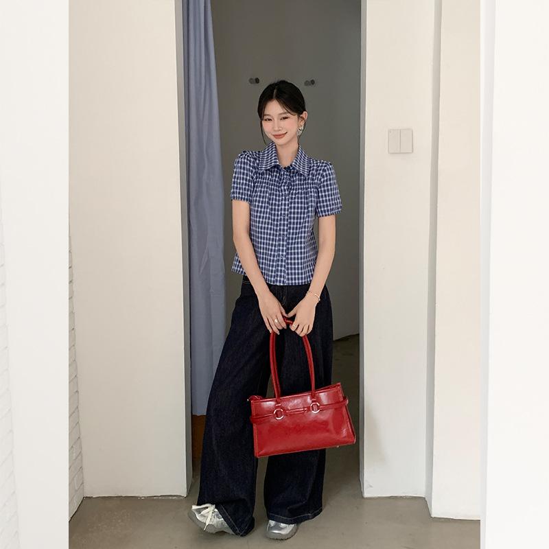 Fashion retro blue plaid short-sleeved loose shirt women's summer new bubble sleeves foreign style lapel sweet top