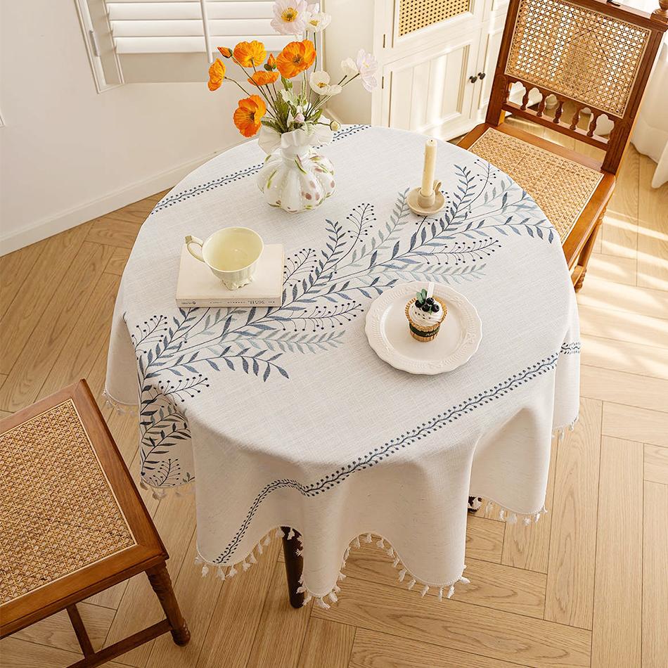Round Embroidery Tablecloth Cotton Linen Flower Dust Proof Table Cover, for Kitchen Dining Room,Party,Birthday Tabletop Decor