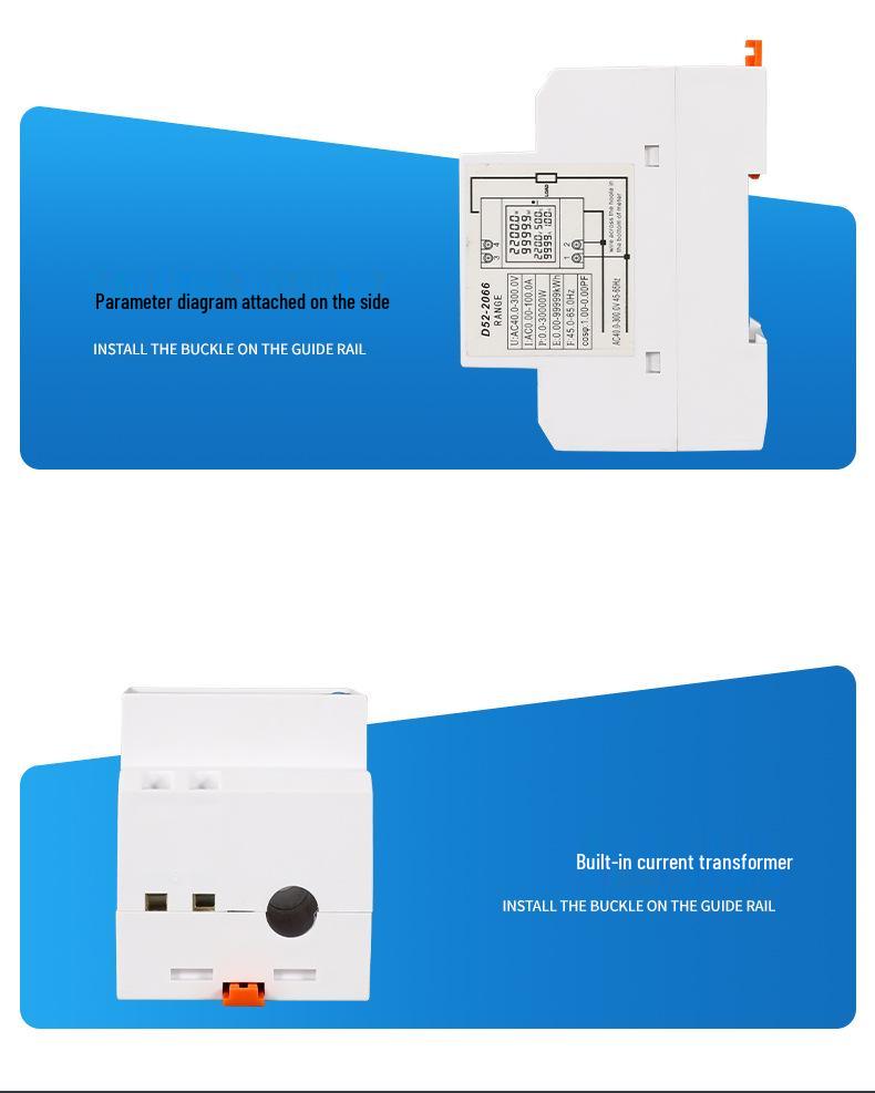 D52-2066 Single-Phase Smart Kilowatt-Hour Meter, DIN Rail Multifunctional Electric Meter with LCD Display, 220V