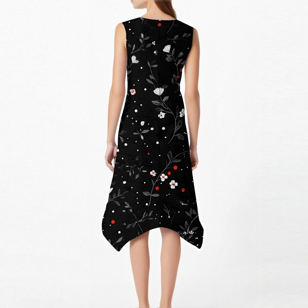 Women's Casual Fashion Round Neck Sleeveless Print Irregular Hem Midi Dress Hem Midi Dress