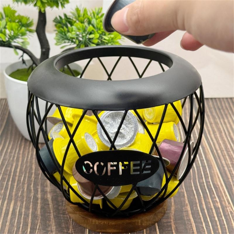 Artistic Iron Fruit Basket Inspired Coffee Pods Rack Open Structure Kitchen Office Storage Durable Metal Wood Materials