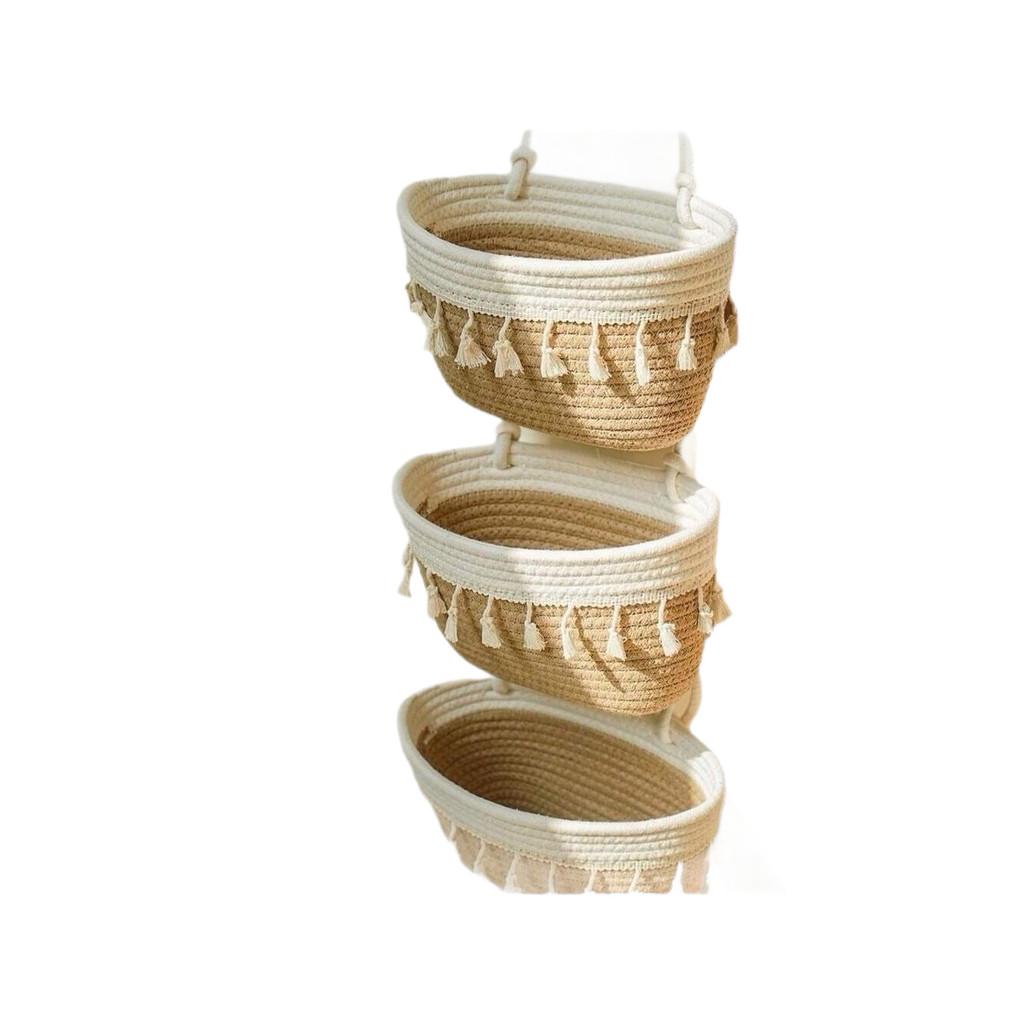 Farmhouse Wall Hanging Storage Basket With Three Layers For Dorm Room Organization