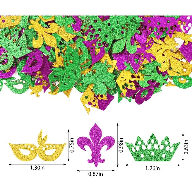 200 Pieces Mardi Gras Confetti for Table Decorations, Fat Tuesday Confetti Decorations Glitter Green Purple Paper Confetti Eyeglass Crown Table