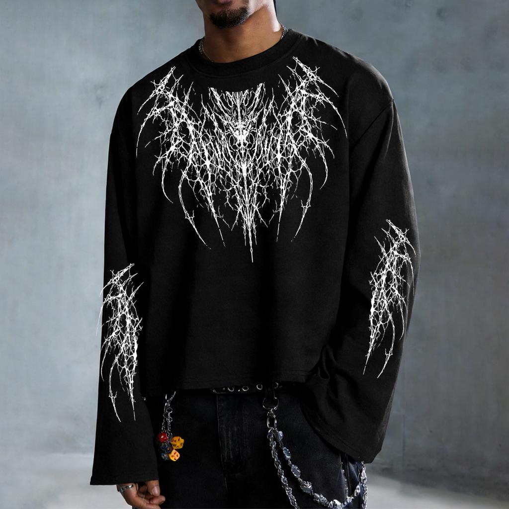 Men's high-street hip-hop dark-style printed long-sleeve T-shirt, featuring a casual, trendy everyday look, perfect for street fashion enthusiasts