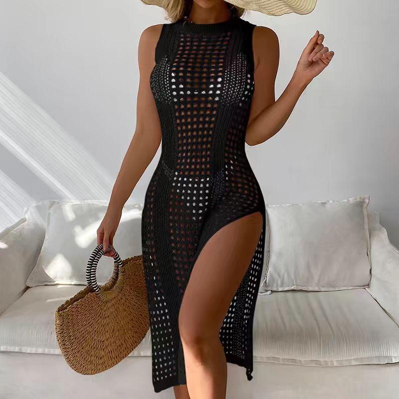 Elegant New O-neck Sleeveless See Through Women Knitted Dress Fashion Hollow Out Summer Vacation Sexy Dresses High Slit Beach Sunscreen Covers