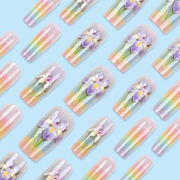 24 Pcs Flowers Stick on Nail Colorful Artificial Nail Long Square False Nail Glossy Press On Nail for Woman Girls