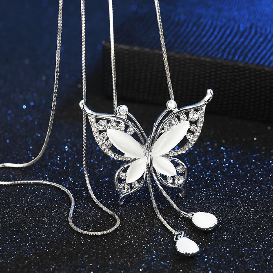 1pc Elegant Y-Shaped Necklace with Sparkling White Butterfly Pendant - Long, Dangling Rhinestone & Zinc Alloy Chain, Perfect for Everyday Fashion, Eve
