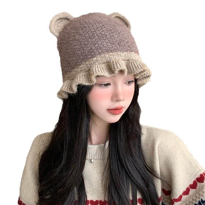 Cute Bear Ear Lace Wool Knitted Hat In FallSeason and ColdSeason Sweet and Versatile Warm Hat Outside Cold proof Hat