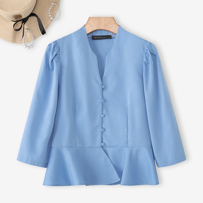 

ZANZEA Women V-Neck Loose Solid Color Casual 3/4 Sleeve Blouse M синий