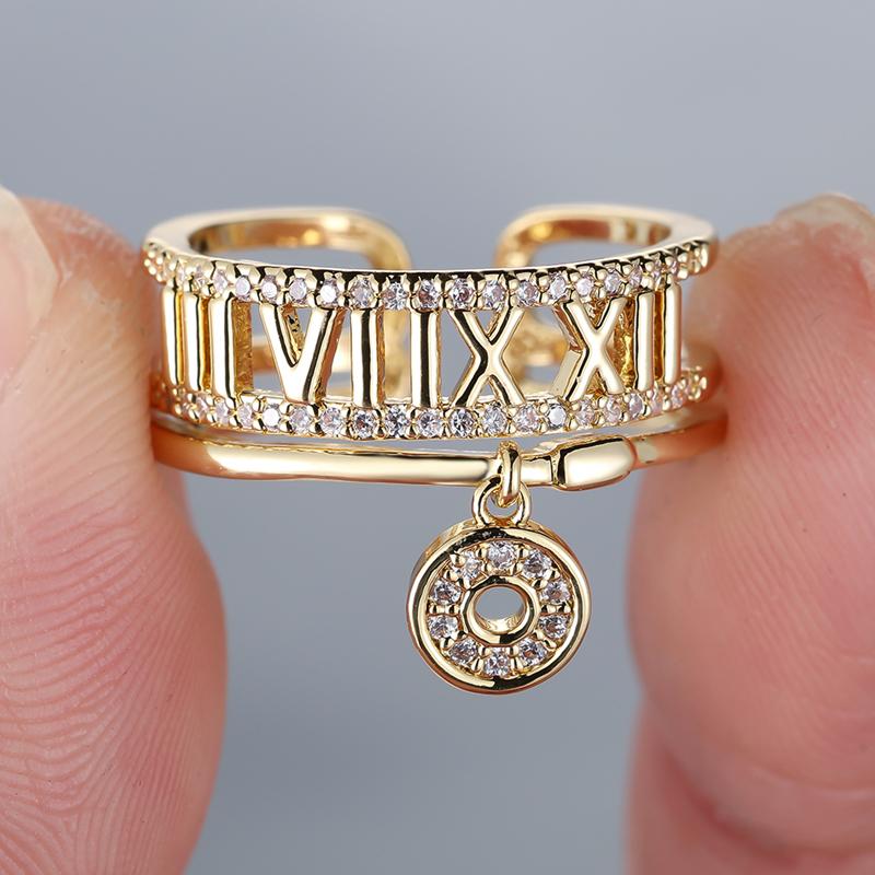 Luxury Simple Fashion Gold Color Roman Numerals Zircon Open Ring for Women Adjustable Index Finger Ring Engagement Wedding Jewelry