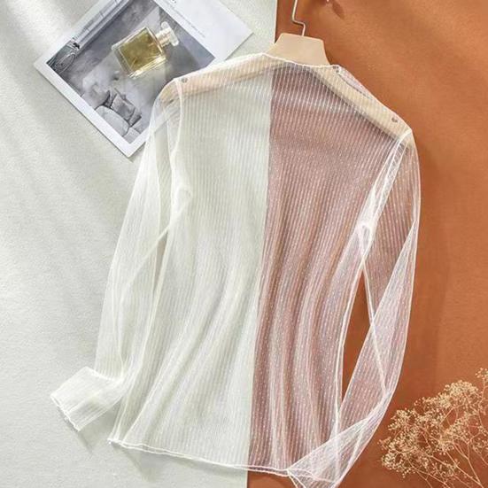 Women Top Ultra-thin See-through Lace Long Sleeves Solid Color Loose Soft Casual Mock Neck Visible Spring Summer Shirt