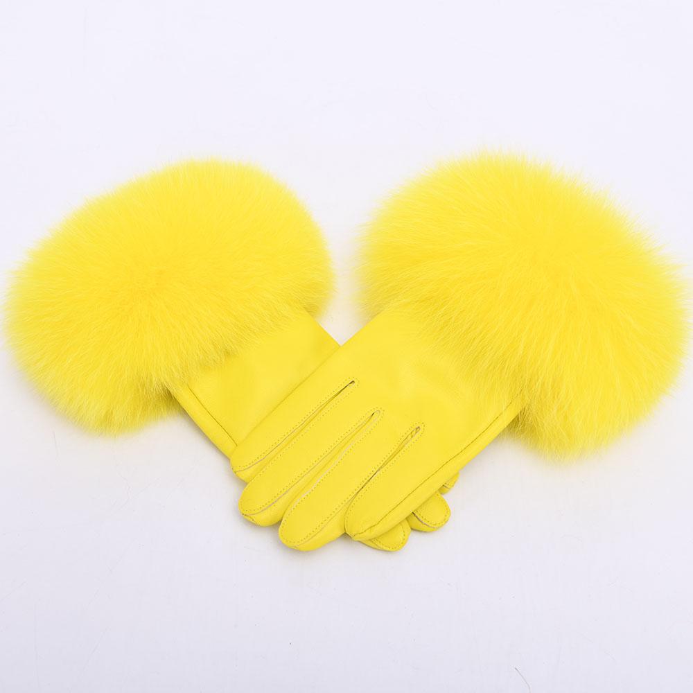 Jxwatcher Winter Women Warm Genuine Sheepskin Gloves Luxury Fur Trim Full Finger Fashion Leather Gloves