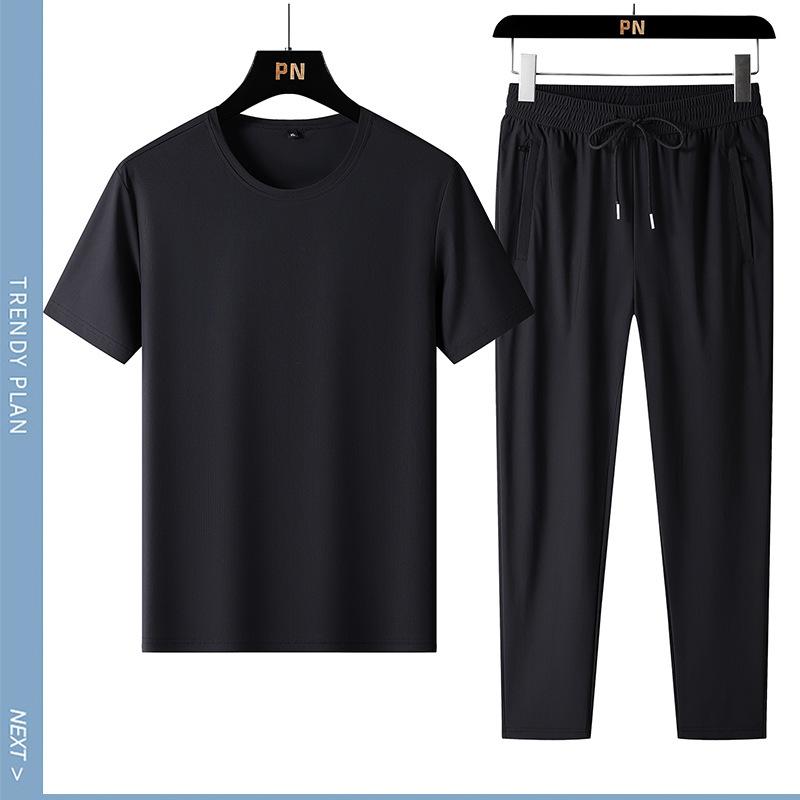 Summer Thin Ice Silk Plus Size Short Sleeved Set for Men's Sports and Leisure, Loose Fit Fitness, Quick Dry Ice Sensation Two-piece Set