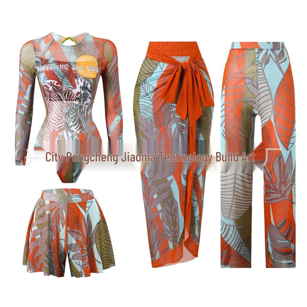 Vierteiliger Damen-Badeanzug mit langen Ärmeln, Netzstoff, Sonnenschutz und Hose