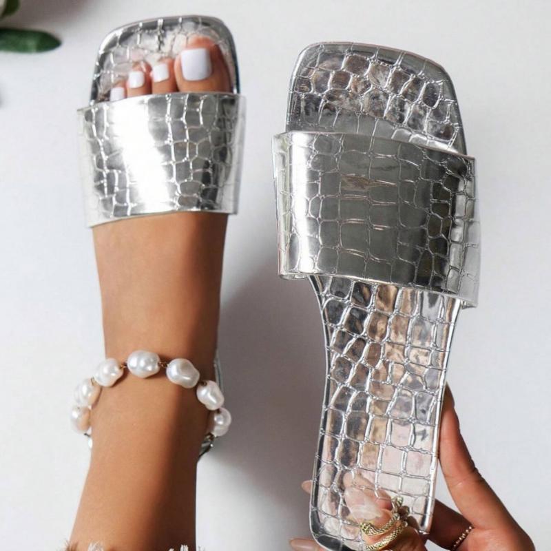 Mode Mode Silberne Sandalen mit eckiger Zehenpartie Damen Sommer Sexy Slipper Flache Absätze Hausschuhe Damen Silbernes Alligatormuster Schuhe Damen