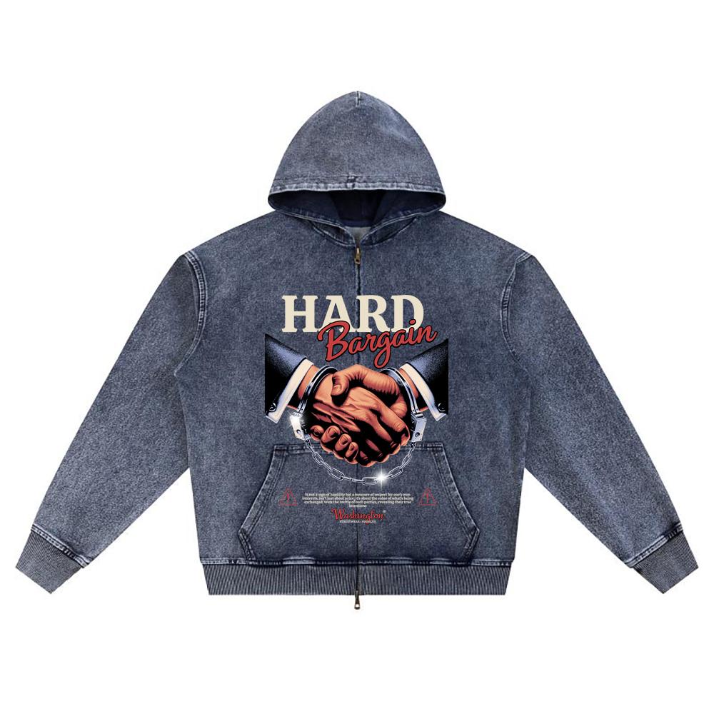 

DTG print Knitted Denim Zip-Up Hoodie Hard Bargain Brother Print Zipper Hoodies XL темно-синий