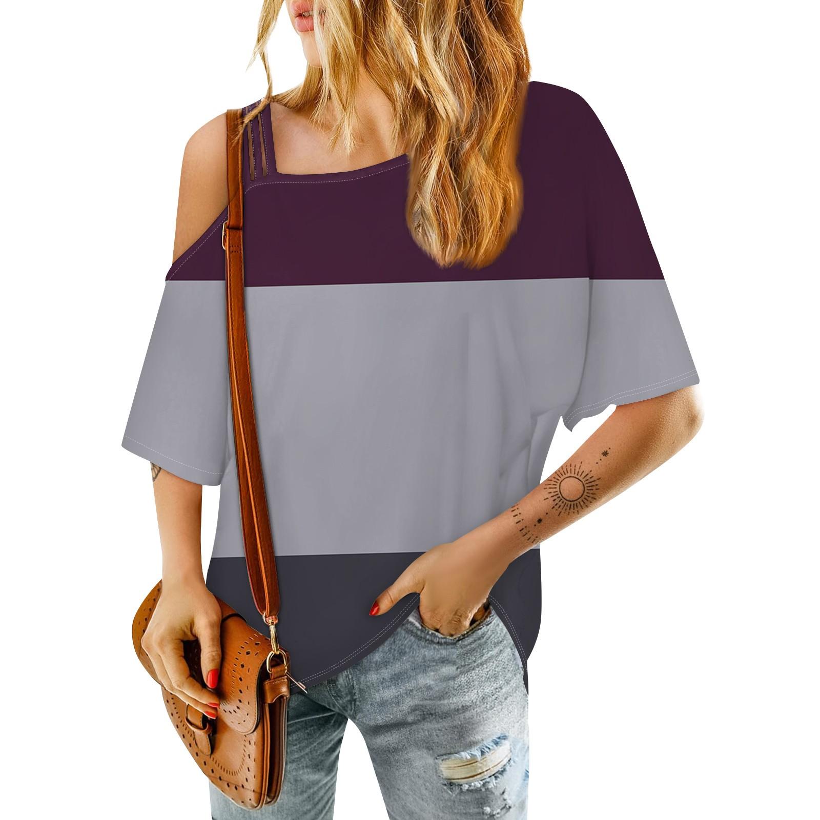 Женская модная повседневная футболка с цветными блоками на одно плечо — фото 6