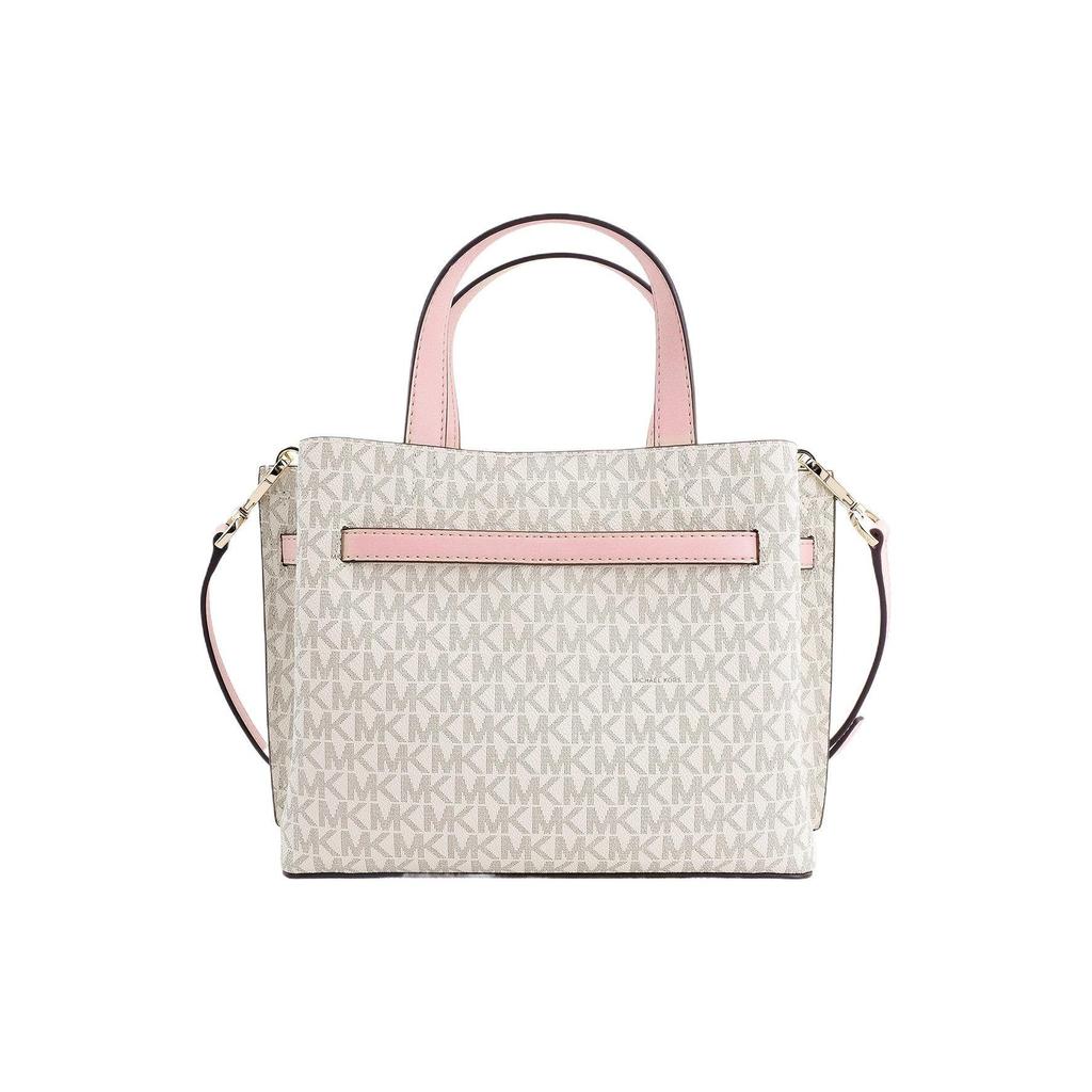 Michael Kors MK Emilia Monogram Color Block Logo Zipper Square Polyester Shoulder Crossbody Tote Bag Small Women Bags Pink White 35H0GU5S1B-7183