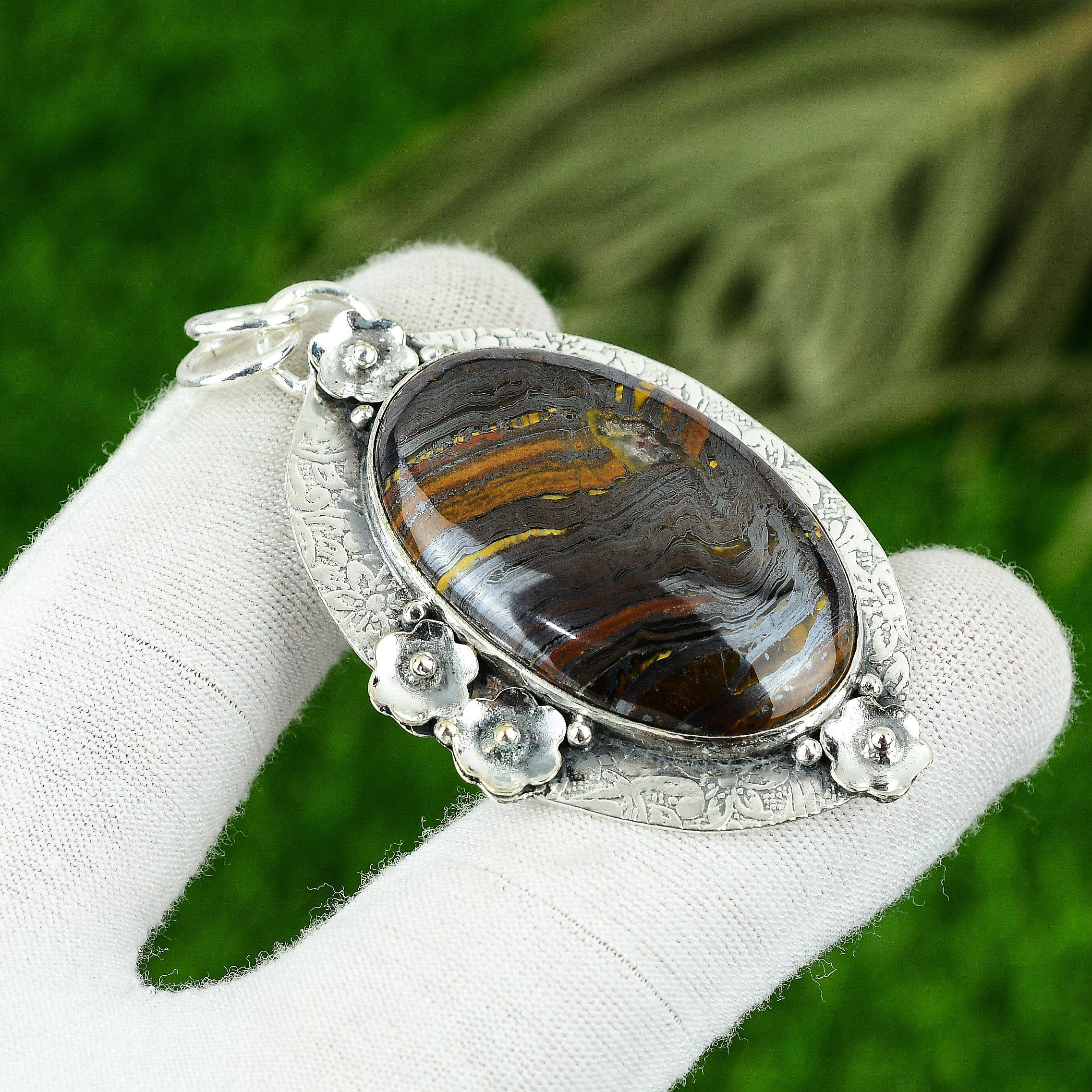 

Natural Iron Tiger Eye Gemstone Pendant 925 Sterling Silver Indian Jewelry