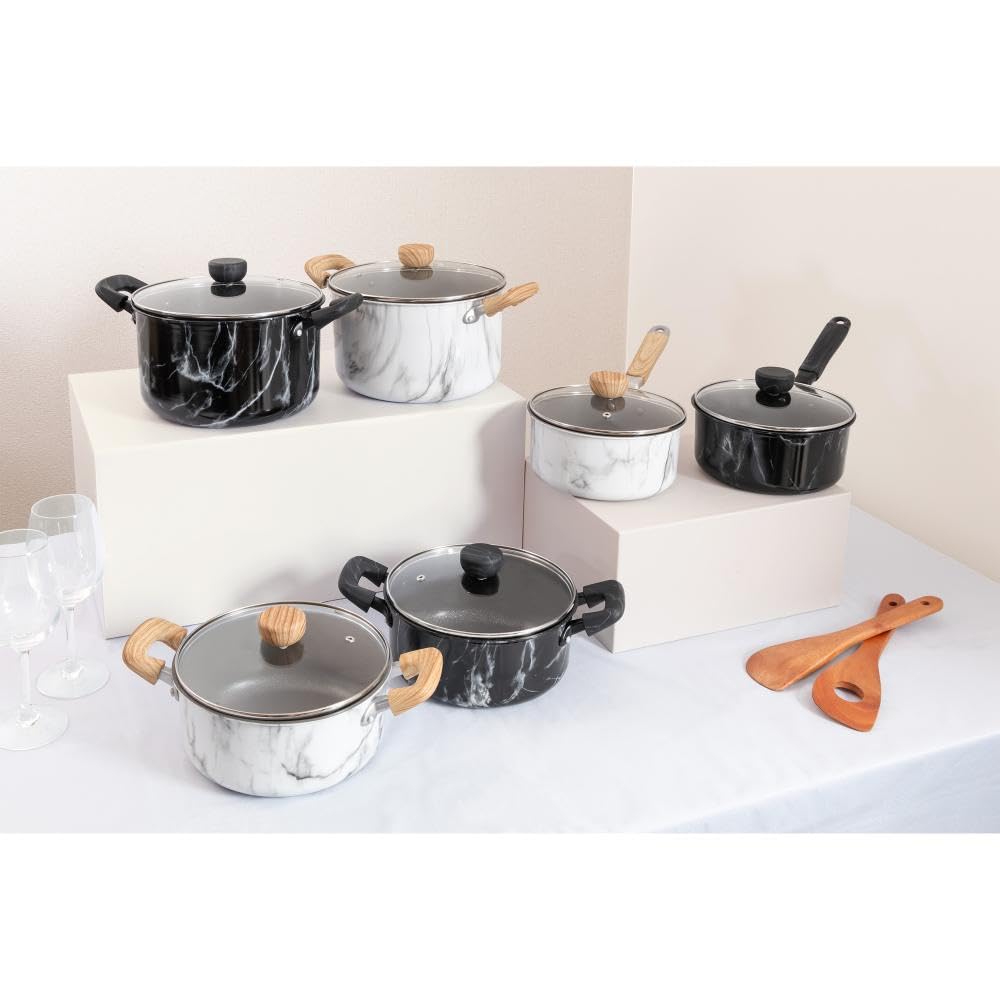 Bestco NX-152 Marble Kitchen 20cm Casserole Saucepan, Black, Marble Pattern, Induction/Gas Cookware
