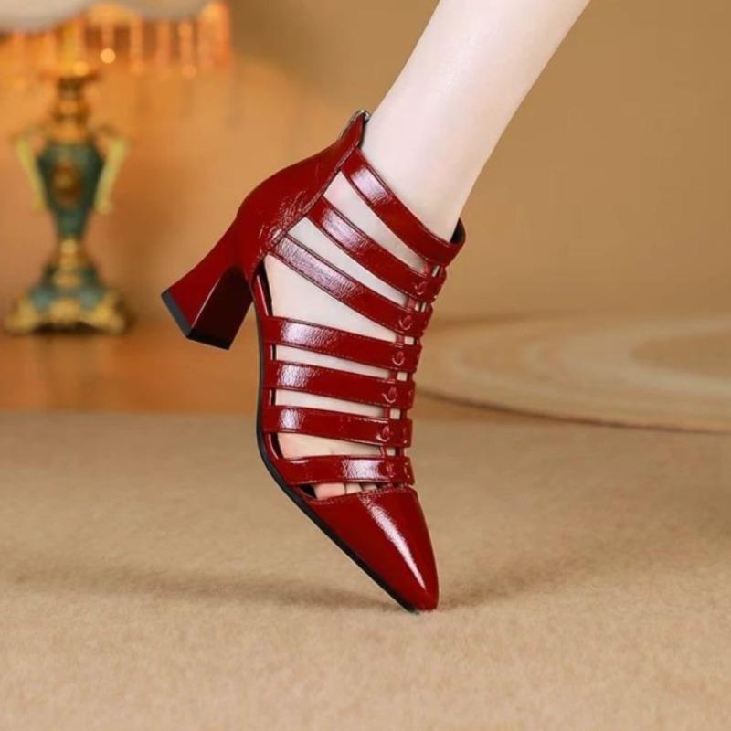 

Fashion Fall New Block Heel Sandals Women s Fashion Pointed Toe Cutout Breathable Rear Zipper Non-Slip High Heels 35 красный
