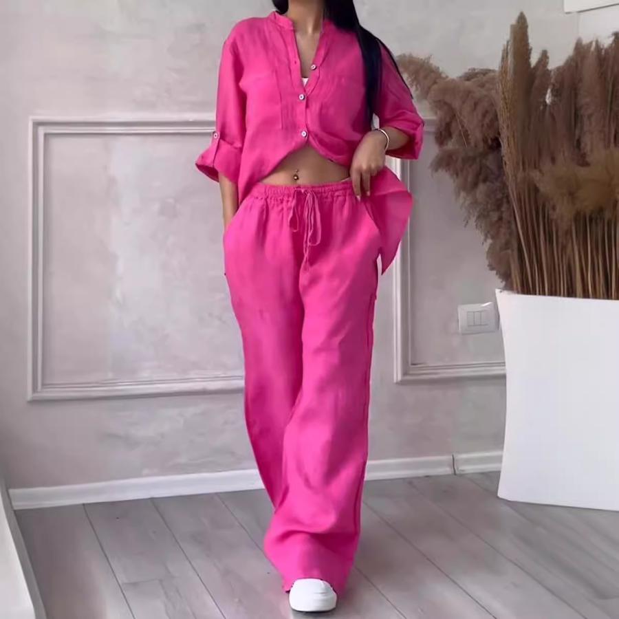 New Women's Solid Color One-Button Long Sleeve Shirt Two-Piece Set Wide Leg Pants with Tie Waist Trousers for Women