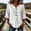 Women Shirt Stand-Up Collar V-Neck Buttons Decor Half Sleeve Ruffle Cuffs Pullover Tops Pure Color Loose Fit Summer Tops