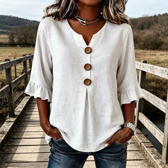 Women Shirt Stand-Up Collar V-Neck Buttons Decor Half Sleeve Ruffle Cuffs Pullover Tops Pure Color Loose Fit Summer Tops