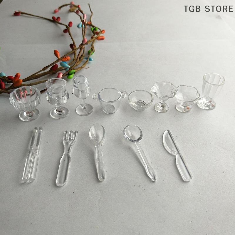 13Pcs/Set Mini Plastic Transparent Drink Cups Dish Plate Tableware Miniatures Kitchenware Toy  DIY Pretend Play Toy