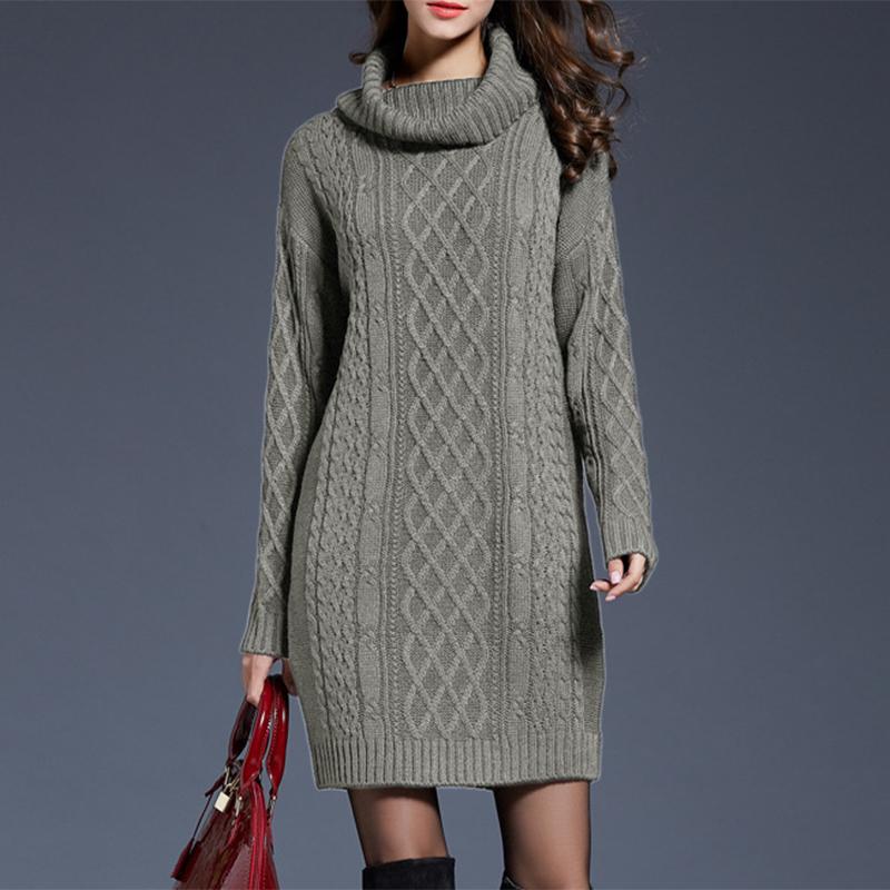 Autumn and Winter Women Casual Knitted Long Sleeve Winter Dresses Sweater Solid Knee Length Loose Fat Female Dresses