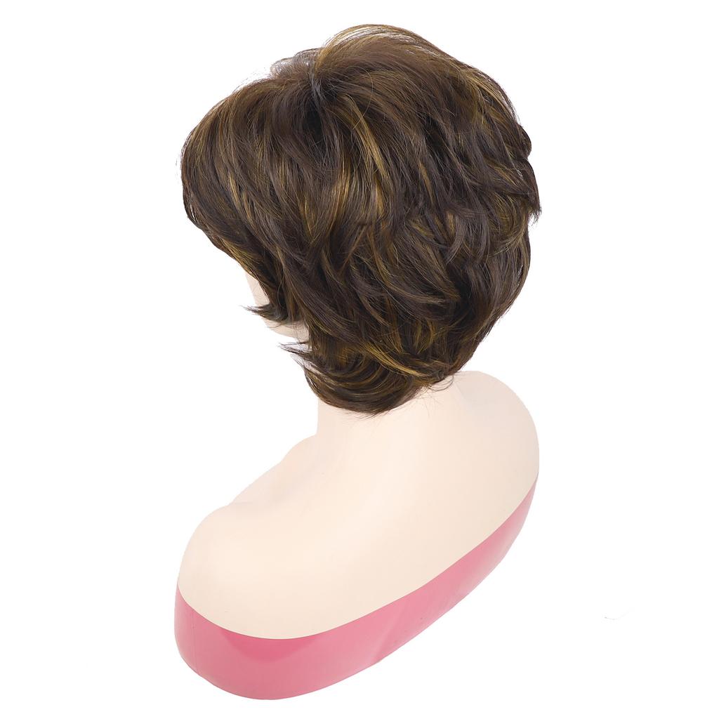 Women Synthetic Short Golden Brown Hair with Bangs Natural Wave Layered Wigs For Daily Cosplay Heat Resistant Fiber
