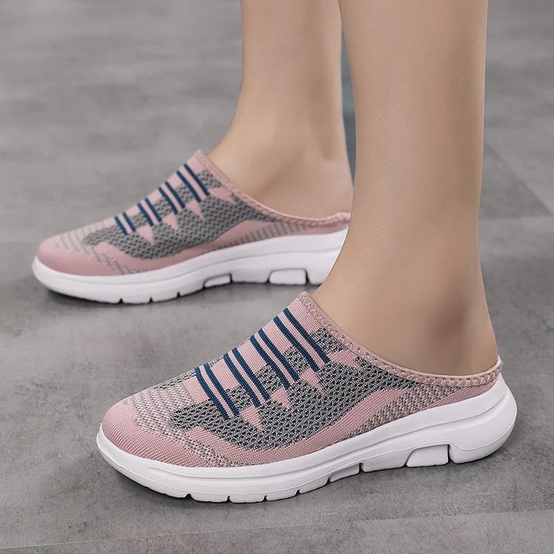Fashion Lightweight Round Toe Slippers for Women Mules Flats Soft House Slippers Female Slides Black Mesh Lazy Shoes Zapatillas De Mujer