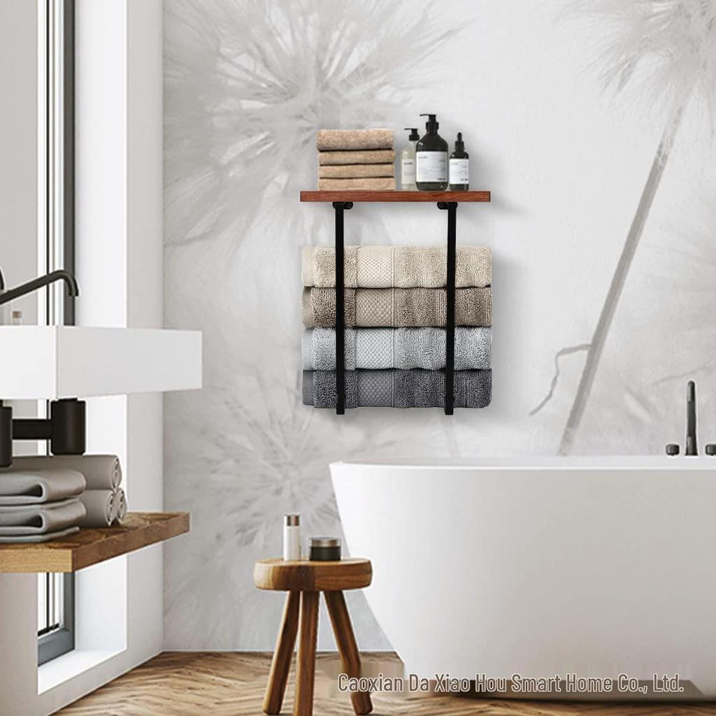 Wall-Mounted Wooden and Metal Towel Rack for Bathroom Use