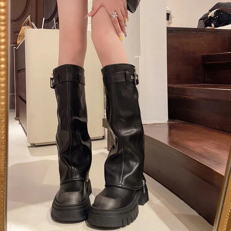 Platform Women Western Cowgirl Boots Fashion Slip on Belt Buckle Long Boots Autumn Winter Women's Biker Booties