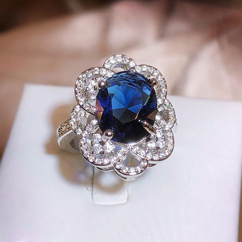 New Imitation Natural Sugar Tower Sapphire Full Diamond Opening Ring Women 925 Stamp Luxury Temperament Party Wedding Gift