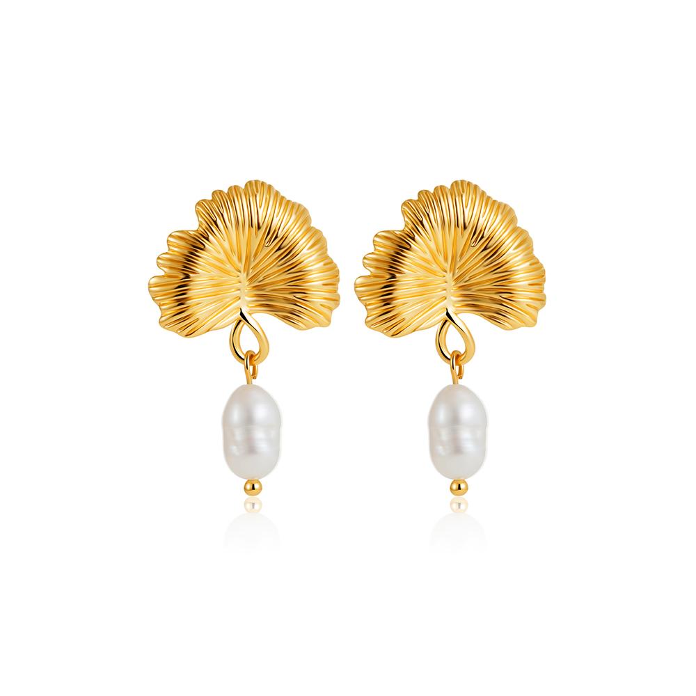 

Vintage Golden Color Stainless Steel Ginkgo Leafs Pearl Drop Earrings for Women Scallop Shell Ear Studs Elegant Zircon Gifts