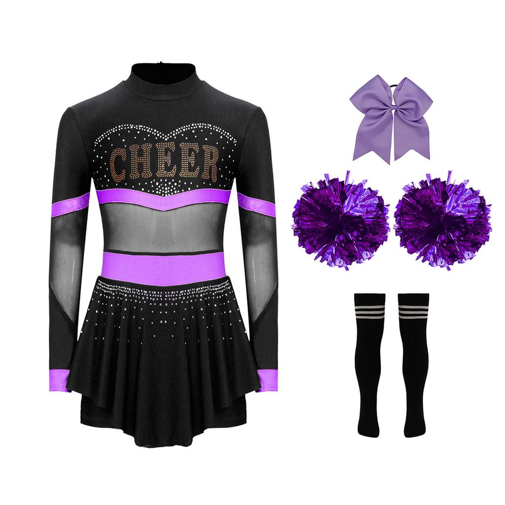 Girls Cheer Leader Costume Long Sleeve Diamonds Dance Jumpsuit Cheerleading Hand Flower Bowknot Hair Ties