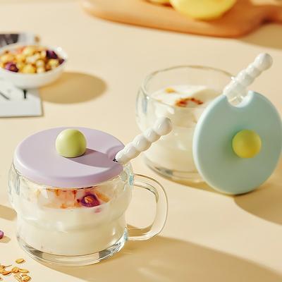 Breakfast Cup with Lid Spoon Milk Cup Handle Oat Cup Transparent Cup Glass Milk Yogurt Cup for Kitchen Bowl Portable Cereal Jar