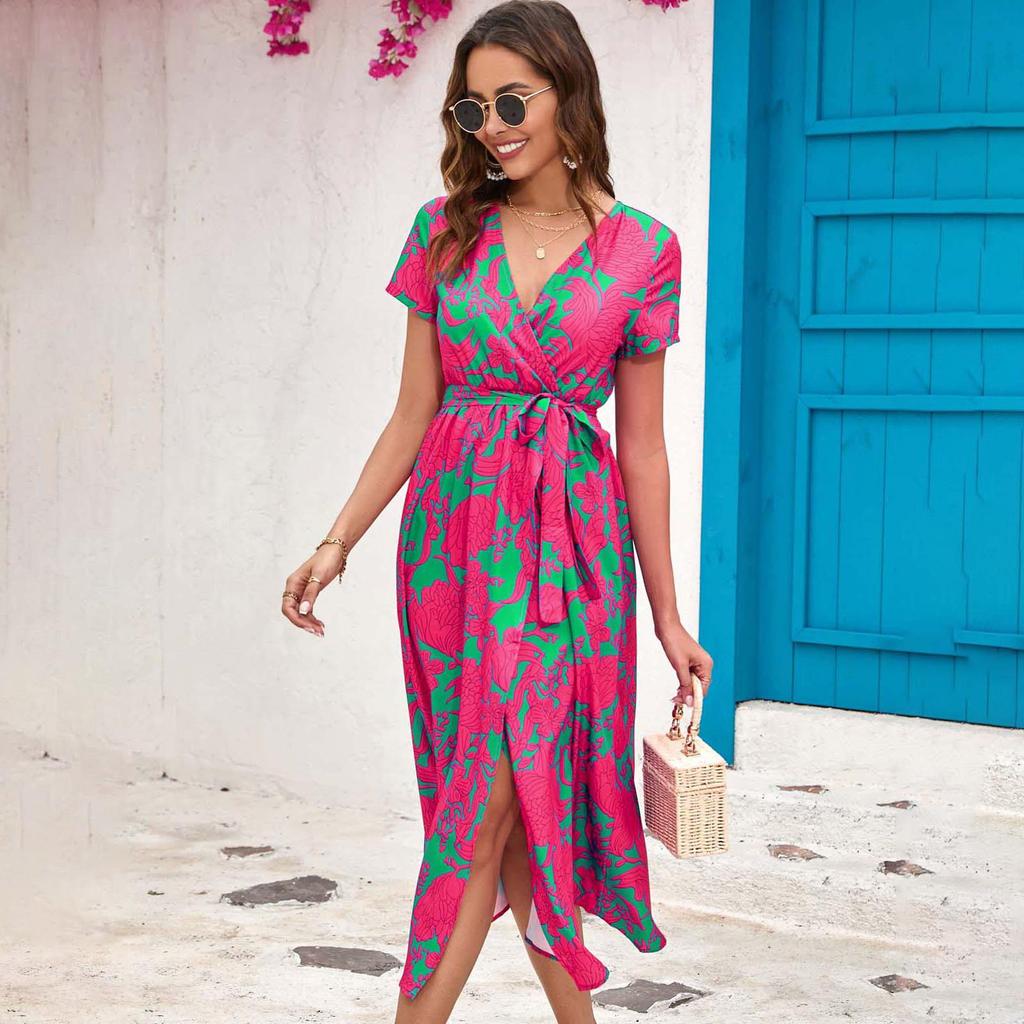 Women's Summer Ethnic Printed Short Sleeve High Waist A Line Lace Up Dress
